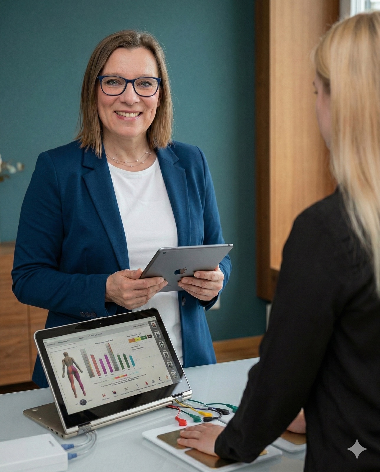 Nicole Lurz erläutert einer Patientin den Multiscan-Befund auf dem Tablet — Praxis Wiesloch