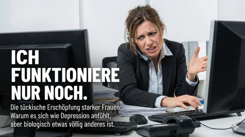 Business Frau am Schreibtisch mit Handy am Ohr und müder Blick.