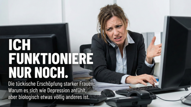 Business Frau am Schreibtisch mit Handy am Ohr und müder Blick.